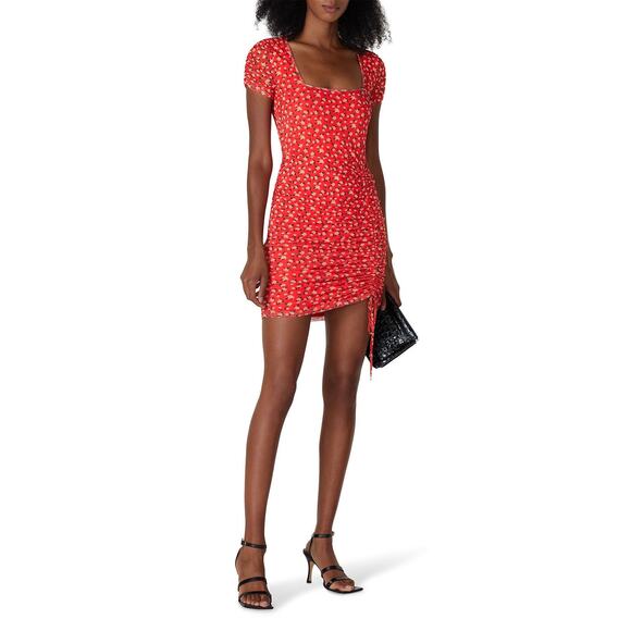 Louna Dresses & Skirts - Louna Red Floral Print Mesh Ruched Short Sleeve Scoop Neck Mini Dress Size M